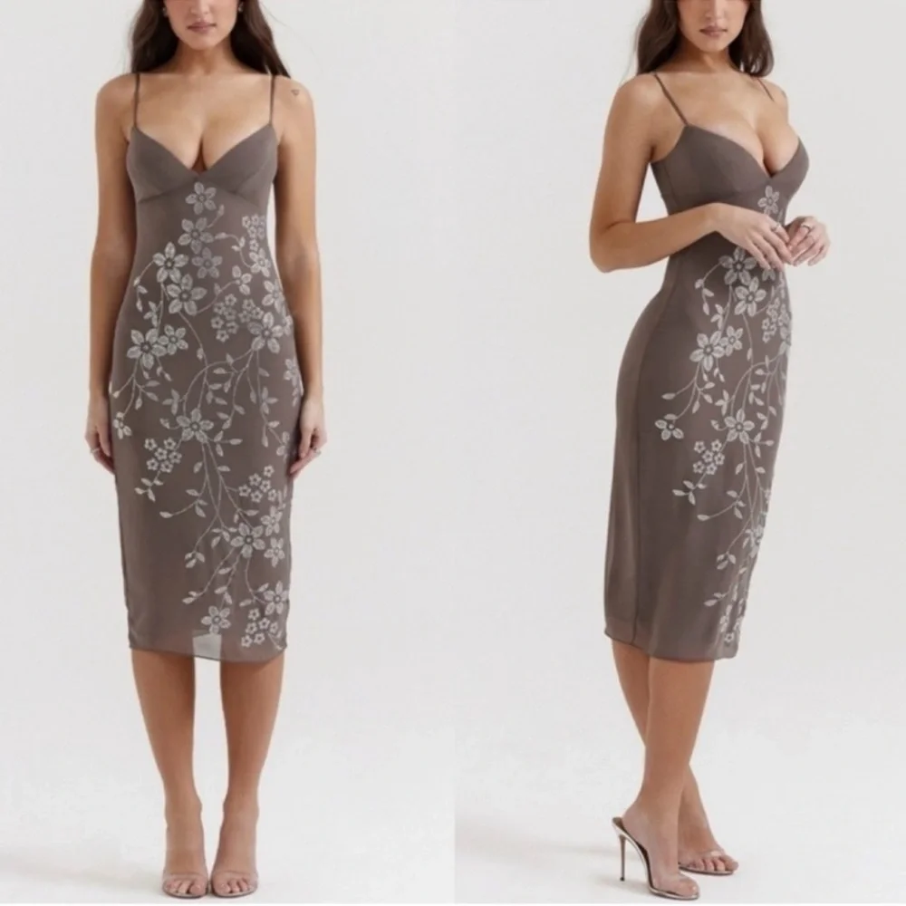 House of CB Blanca Smoke Crystal Embellished Midi Dress - Picture 1 of 14